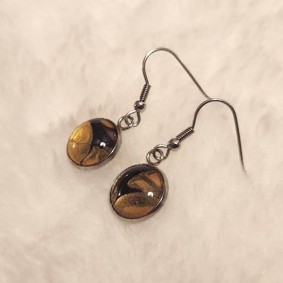 NEW Handmade Gold and Black Acrylic Swirl Drop Earrings - Picture 3 of 3